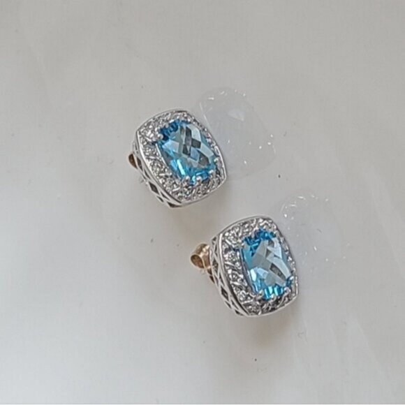 Vintage 14K White Gold Diamond Blue Topaz Square Cushion Cut Halo Stud Earrings - Picture 11 of 12